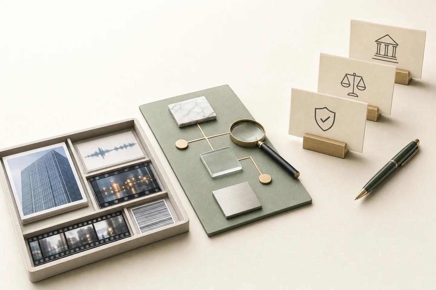 Photo, waveform and film samples in a tray beside a magnifying glass, a pen and standing cards with bank, scales and shield icons.