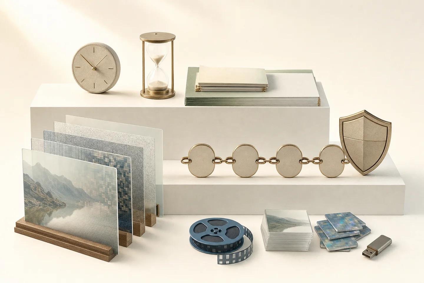 A clock, an hourglass, framed landscape panels, a film reel and a chain of discs leading to a shield.