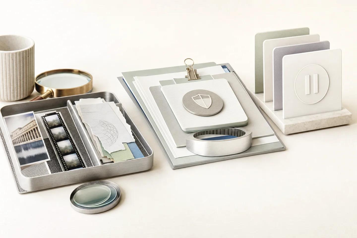 A metal tray of building photos, film negatives and paper scraps beside a stack of cards with a shield token and a pause tile.