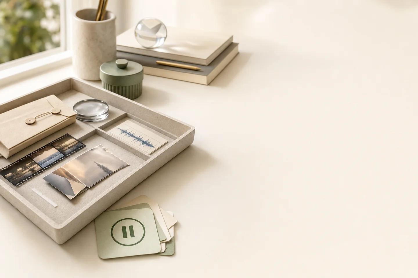A stone tray holding film strips, photo prints, a waveform card and a small lens, with a pause token beside it.