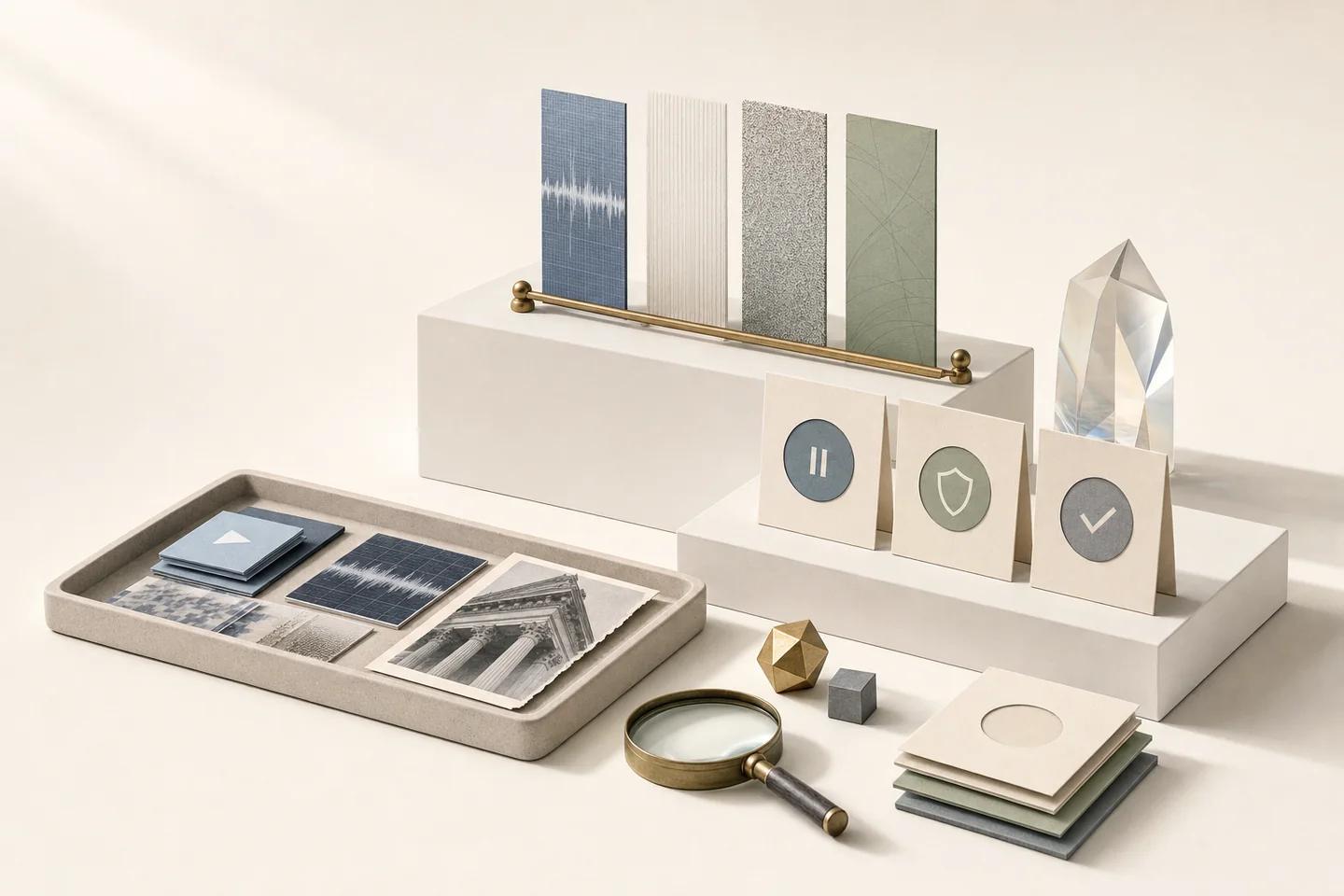 Waveform and texture swatches on a stand above a tray of photo samples, with pause, shield and check tokens and a magnifying glass.