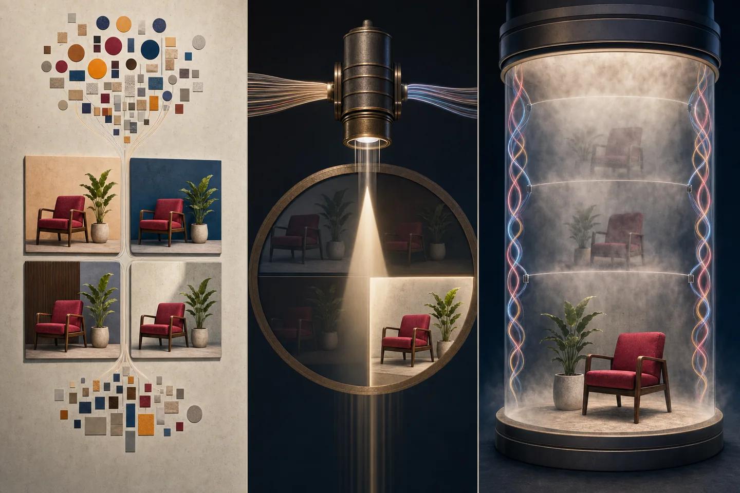 A triptych moves from token-built image candidates and optical selection to conditioned latent denoising.