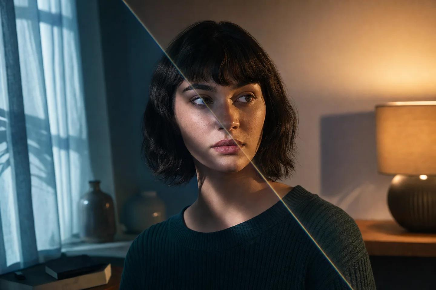 A fictional portrait shifts from mismatched face lighting to more coherent relighting while difficult hair and shadow edges remain.