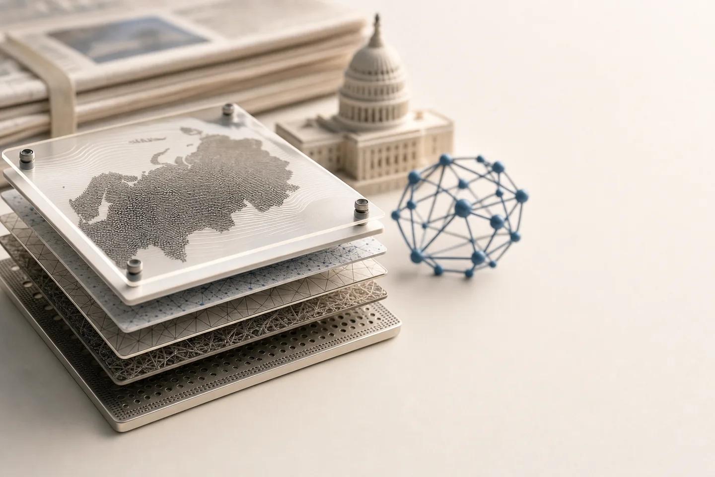 Stacked metal and glass plates etched with a map beside a model capitol dome, a molecular network and bundled newspapers.