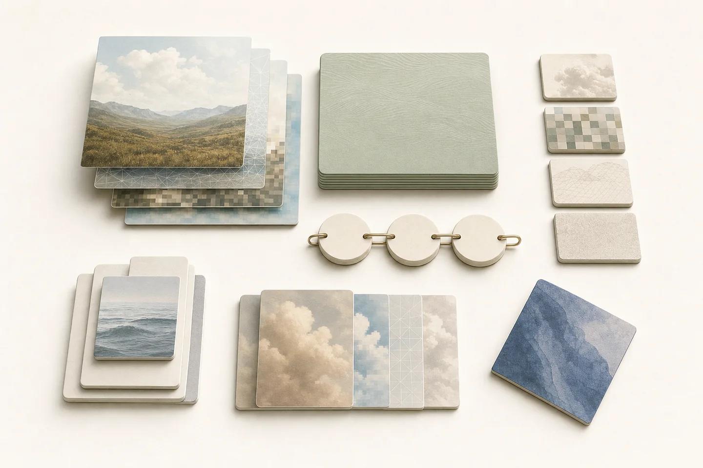 Painted landscape and cloud tiles, pixelated swatches, a green slab and a short chain of discs laid out on white.