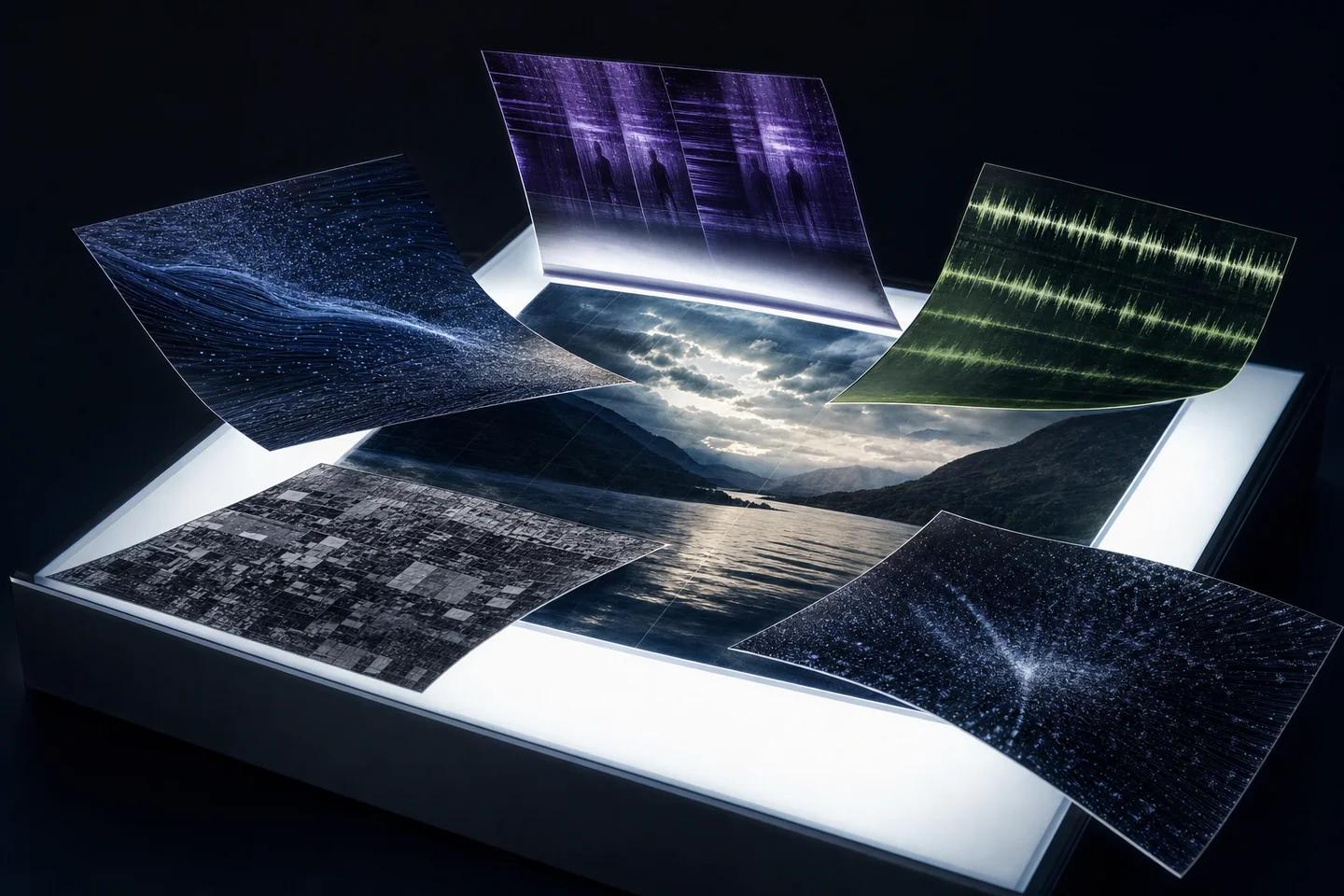 Spectral slices reveal several signal domains within one multimodal media sample.