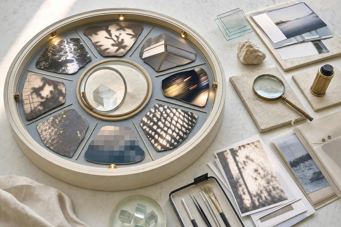 A round tray of image fragments showing blur, pixelation, shadows and reflections beside a magnifying glass and fine tools.
