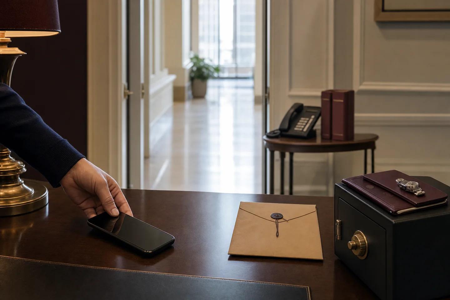 A suspicious device is set down while an independent callback channel waits across the room.