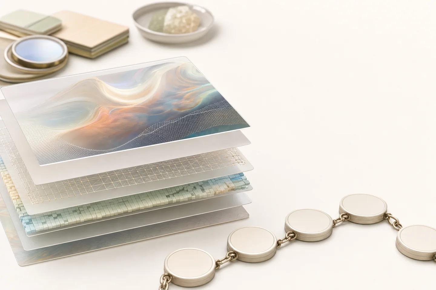 Translucent image layers stacked over a pixel grid, a lens and a chain of metal discs on a white surface.