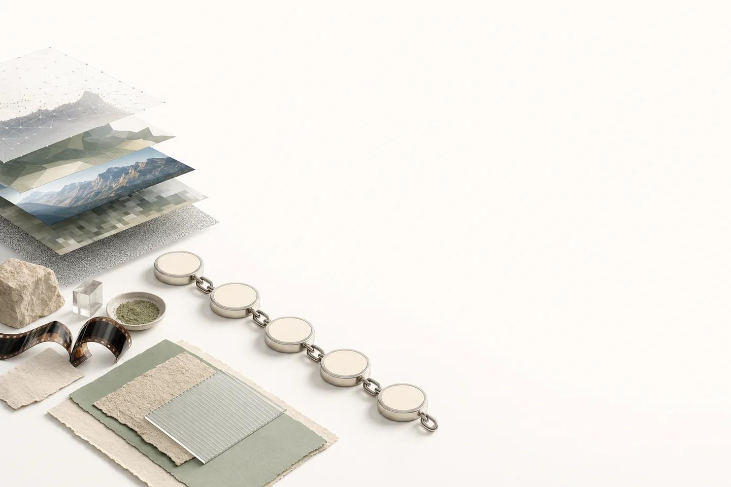 Stacked translucent landscape images beside a film strip, stone samples and a chain of round tokens arranged on a light surface.