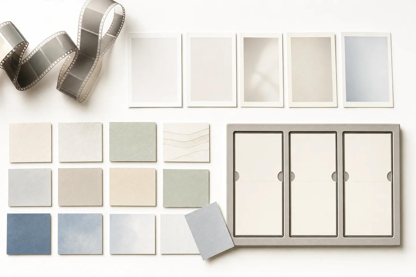 A grid of fabric and paper swatches beside a row of blank frames, a strip of film and an empty three-panel frame.