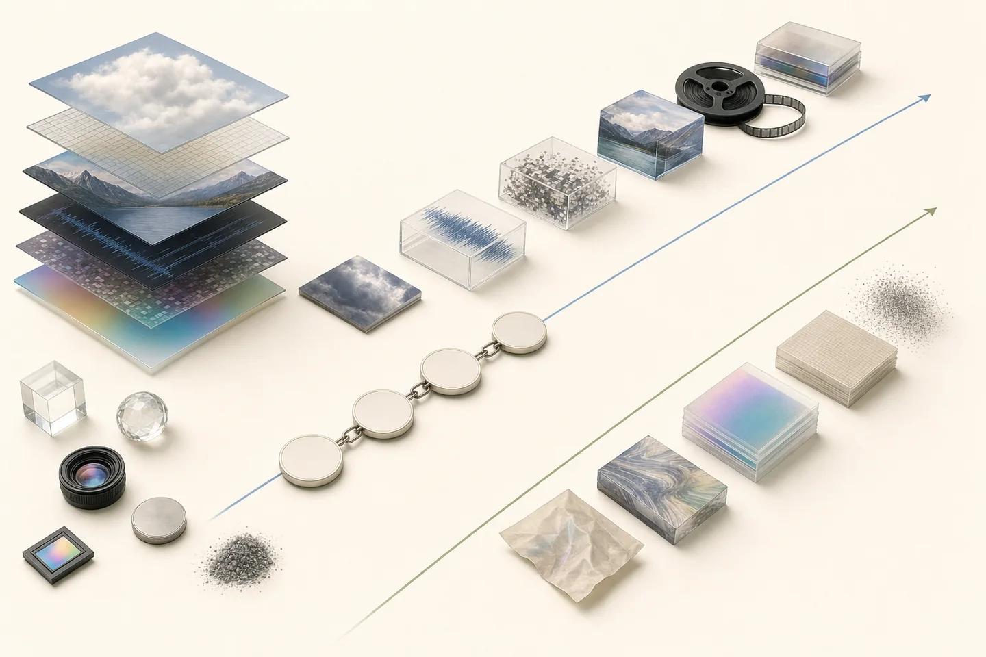 Layered image slabs move along two diverging lines that end in scattered grains, with a lens and a sensor chip nearby.