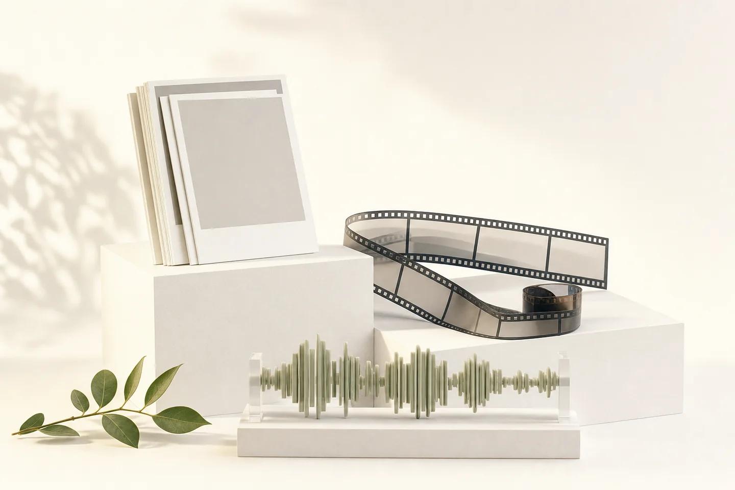 A framed blank print on a white plinth with a curling film strip and an acrylic waveform block.