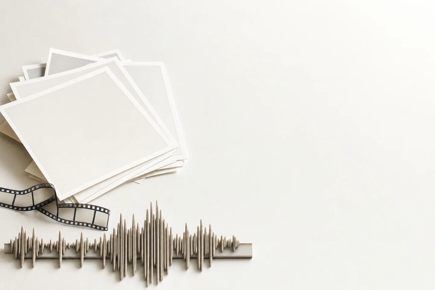 Blank photo prints stacked beside a strip of film and a sculpted audio waveform.