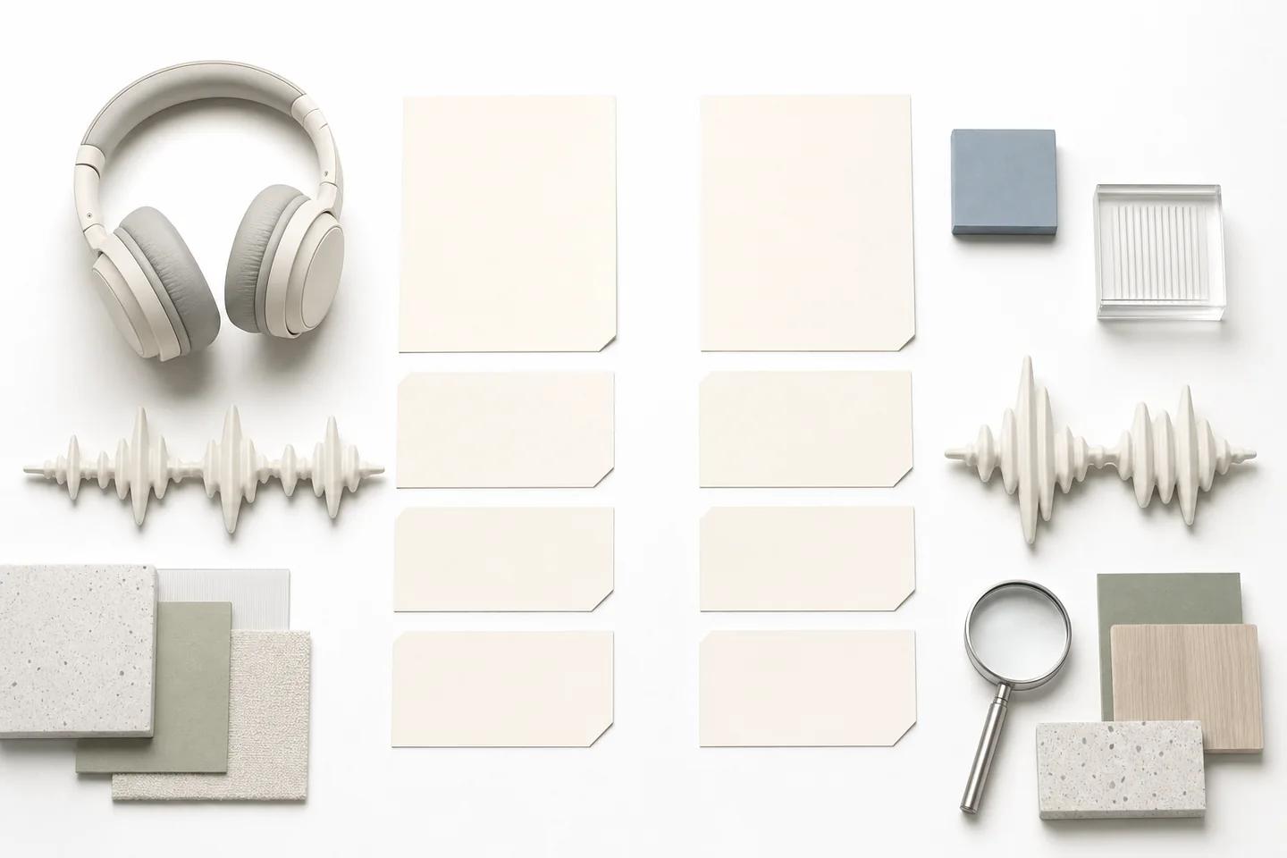 Still life of verification objects on a white surface, used to illustrate defences against weaponised AI voice agents.