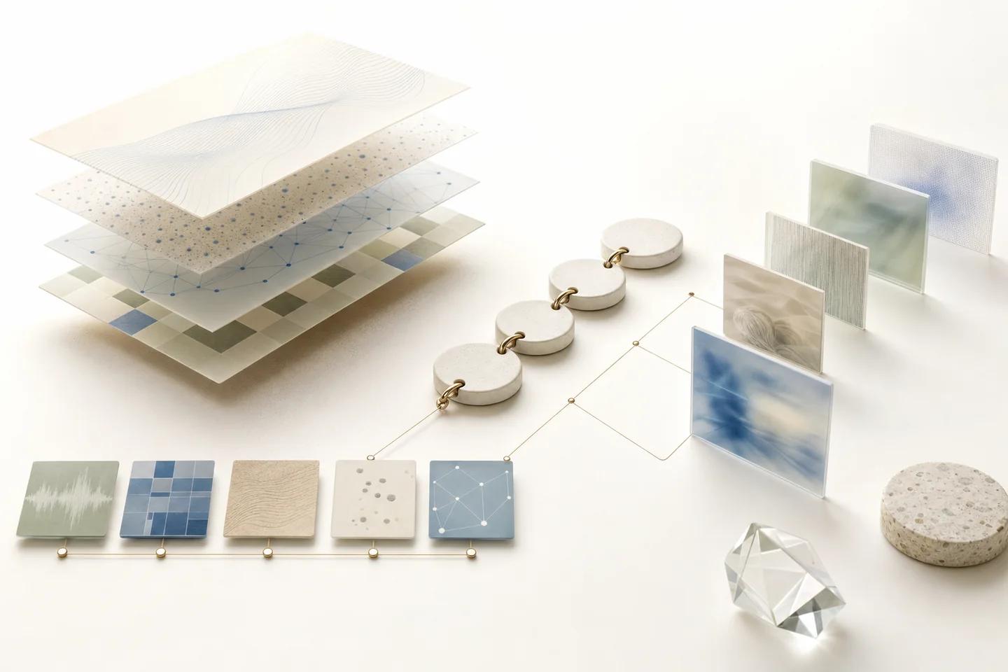Stacked translucent sheets beside rows of small sample tiles and a chain of white discs.
