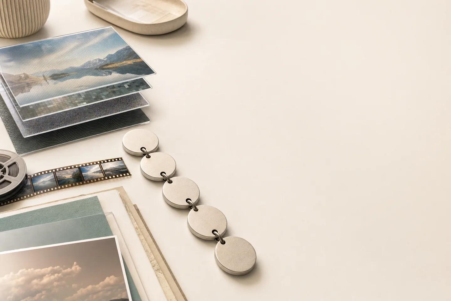 Layered landscape prints, a film reel and strip, and a chain of round metal tags on a cream table.