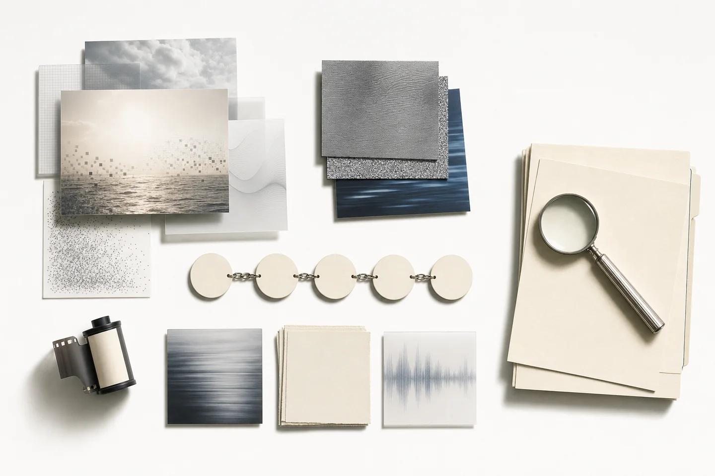 Photo prints of sea and sky, grey texture swatches, a film canister and a magnifier over a folder.