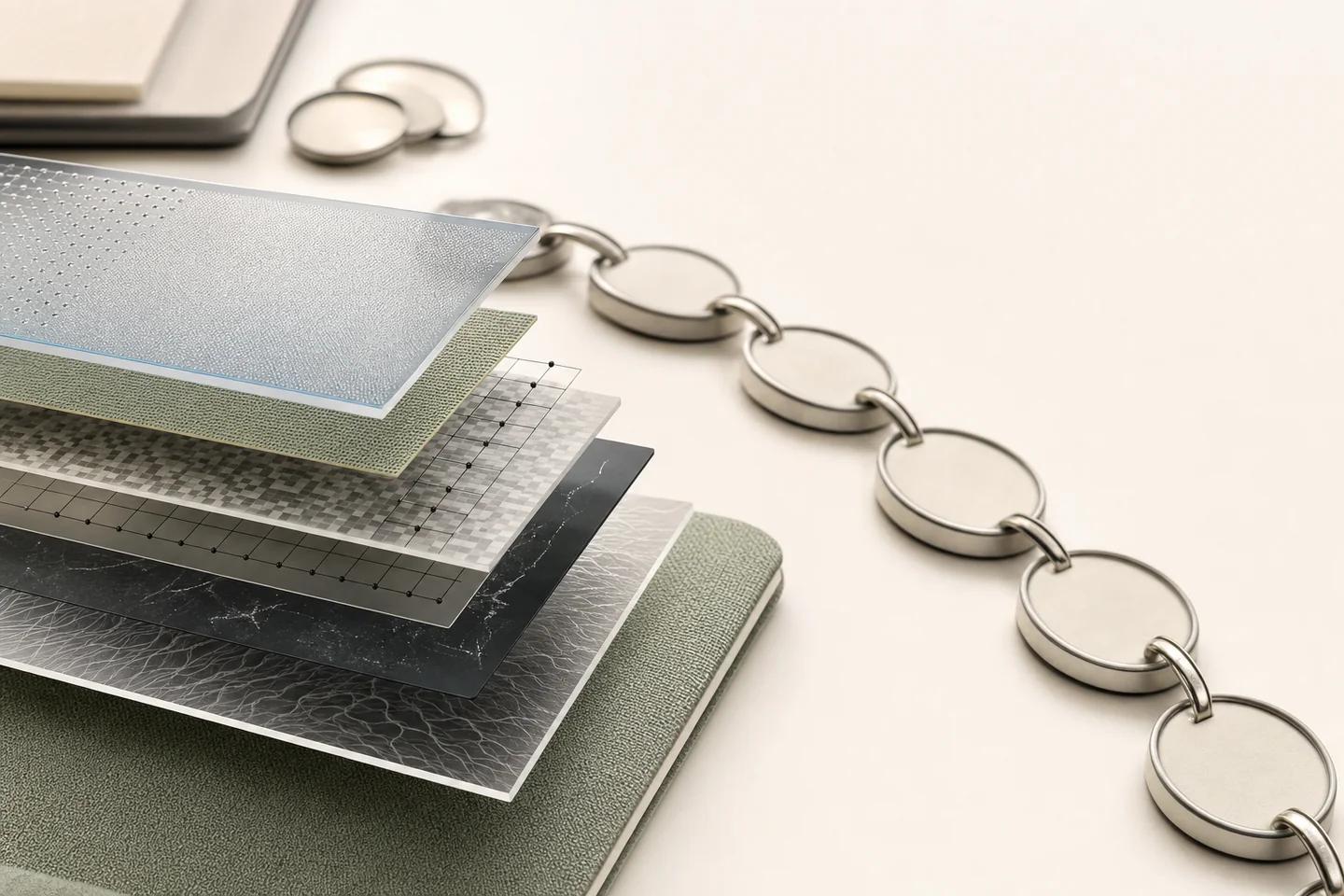 Fanned layers of textured material, from glass to fibre patterns, beside a chain of metal discs on a cream surface.