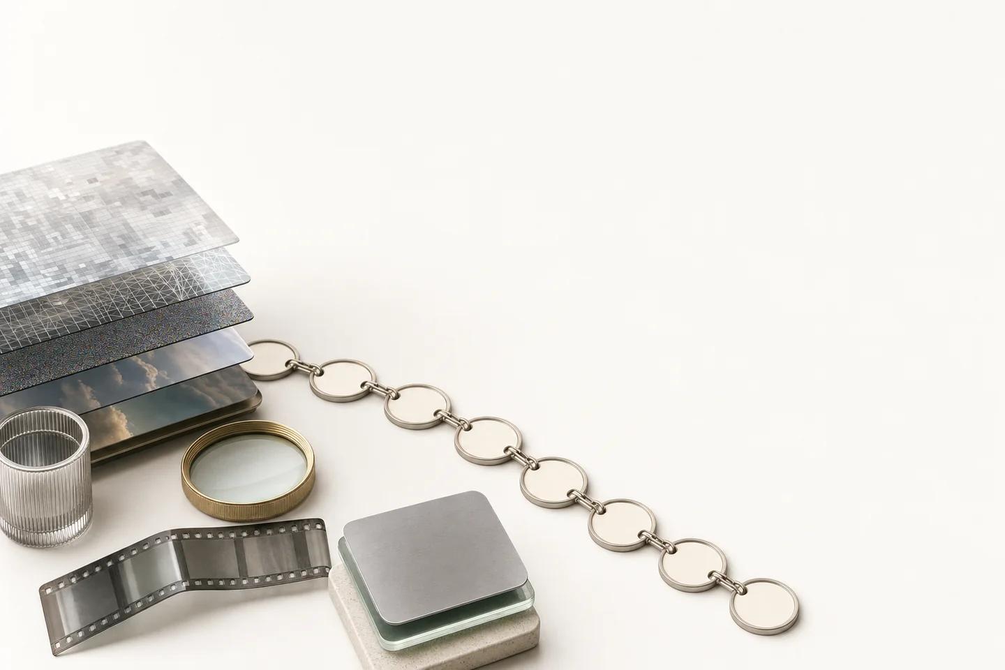 Layered image panels, a magnifier, a glass cup, a film strip and stacked tiles beside a long chain of metal rings.