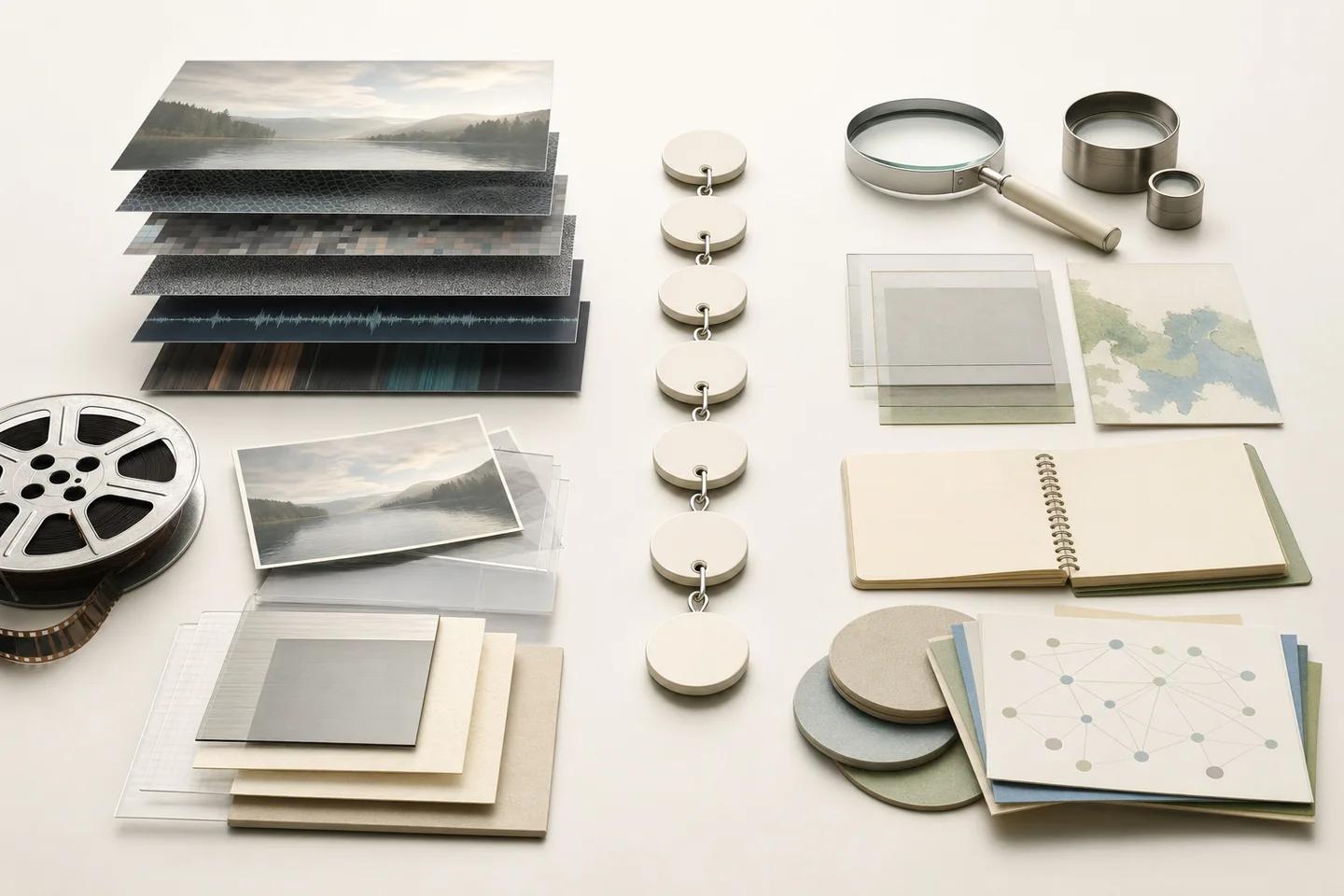 Stacked landscape prints, a film reel, a column of discs, a magnifying glass, glass slides and an open notebook arranged on white.