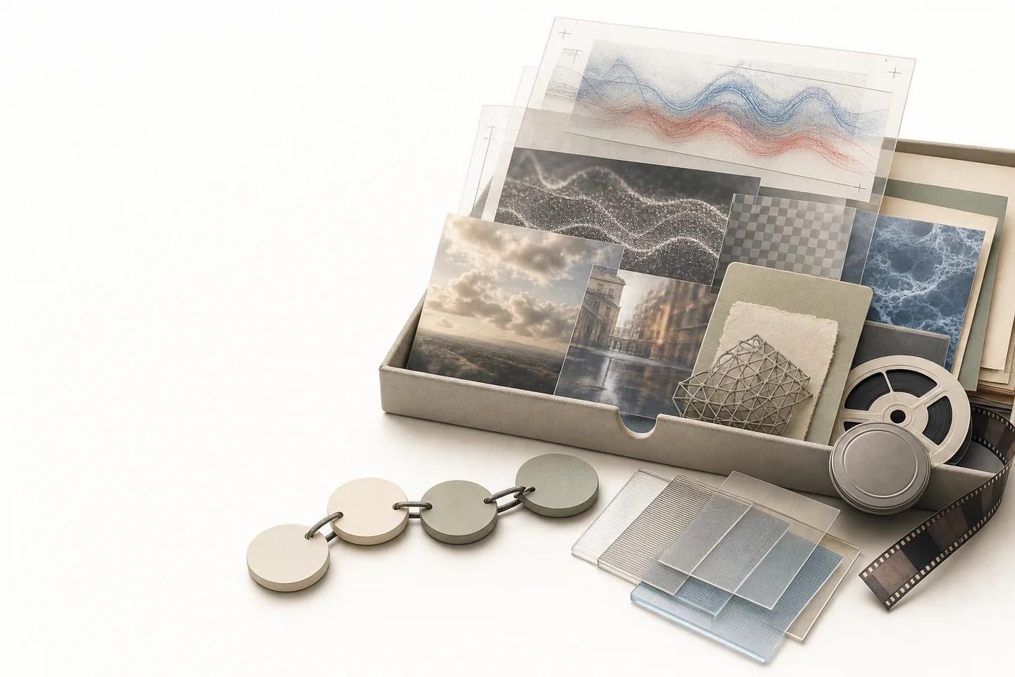 A box of translucent prints with waveforms, cloudscapes and city scenes, beside film reels, glass slides and a chain of discs.