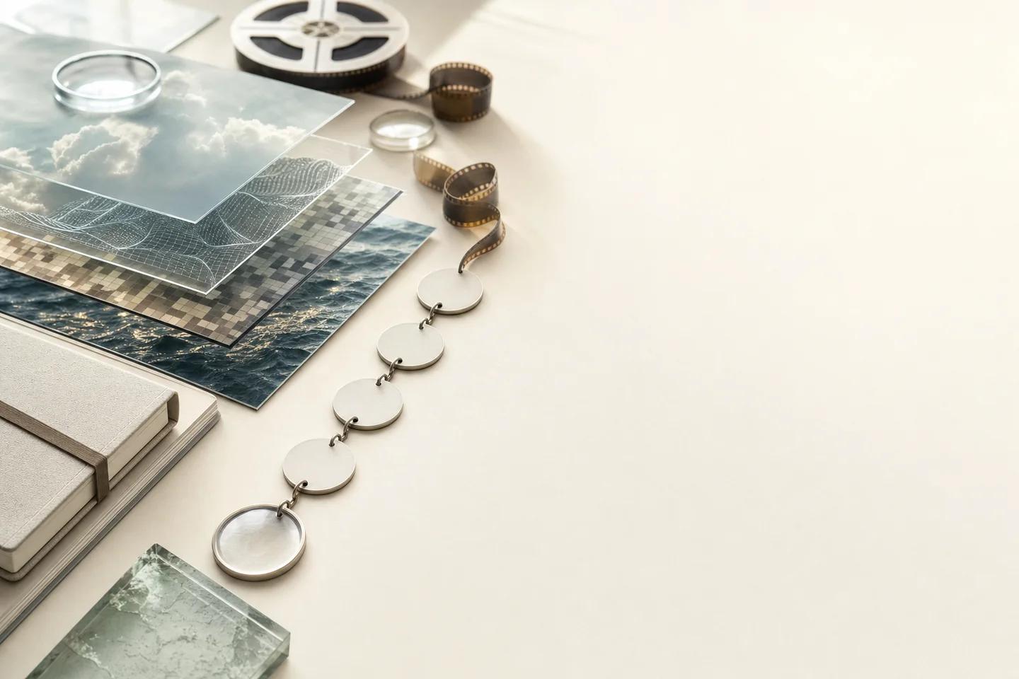 Layered glass panes printed with sky and sea textures beside a film reel and a chain of discs.