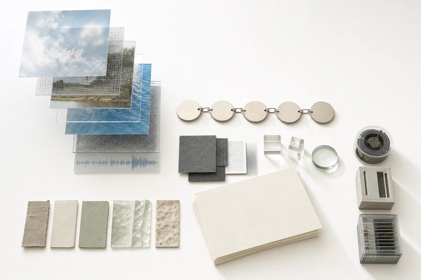 Stacked transparent layers of sky, landscape, water, noise and an audio waveform, beside a chain of metal discs, texture swatches, glass cubes and film canisters.