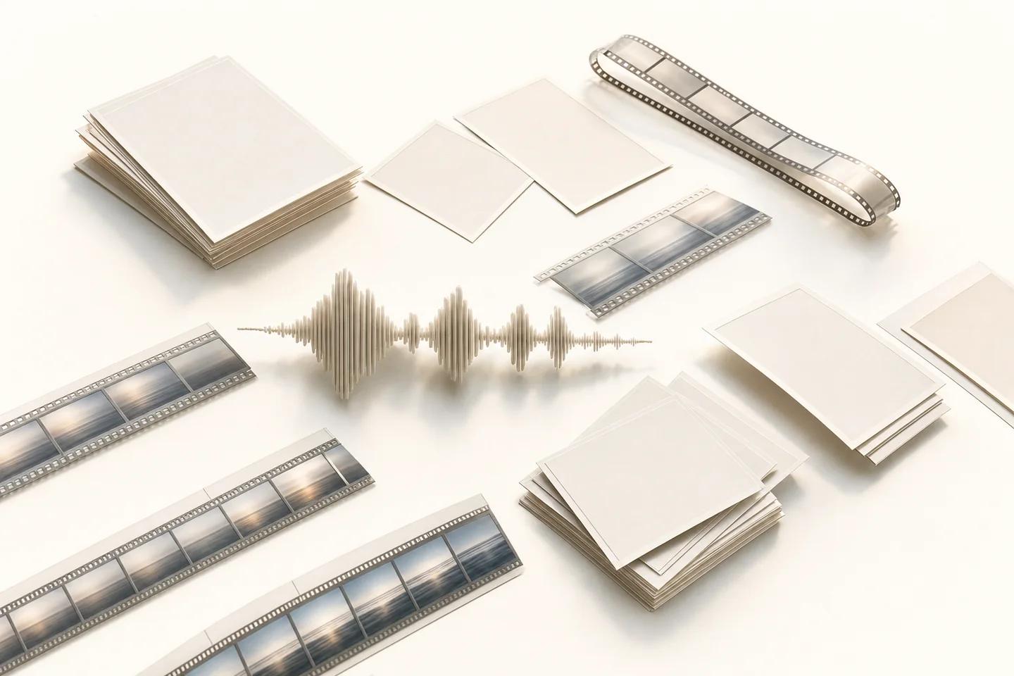 Blank photo cards, film strips and a sculpted sound wave spread across a white surface.