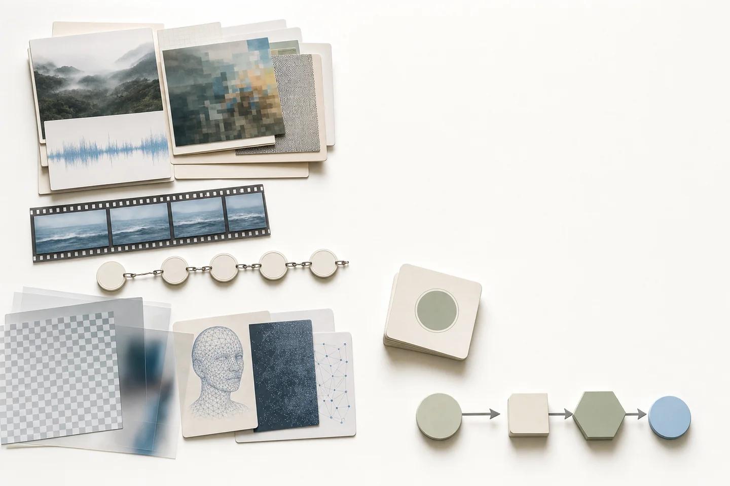 Prints, an audio strip, a film strip, a face wireframe and checkerboard layers arranged on a desk beside a row of shapes joined by arrows.