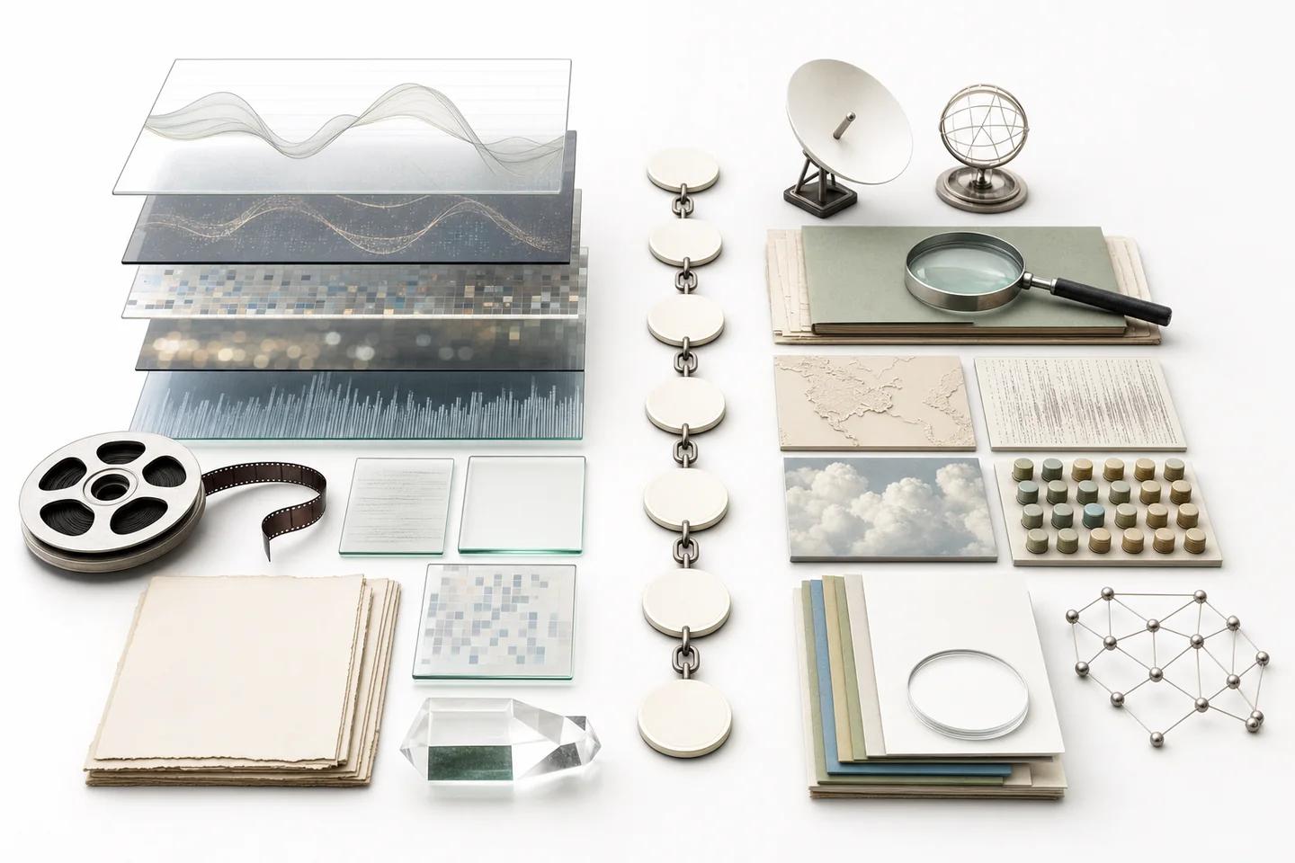 A flat lay of layered textured glass, a magnifying glass, a film reel and a grid of sample tiles.