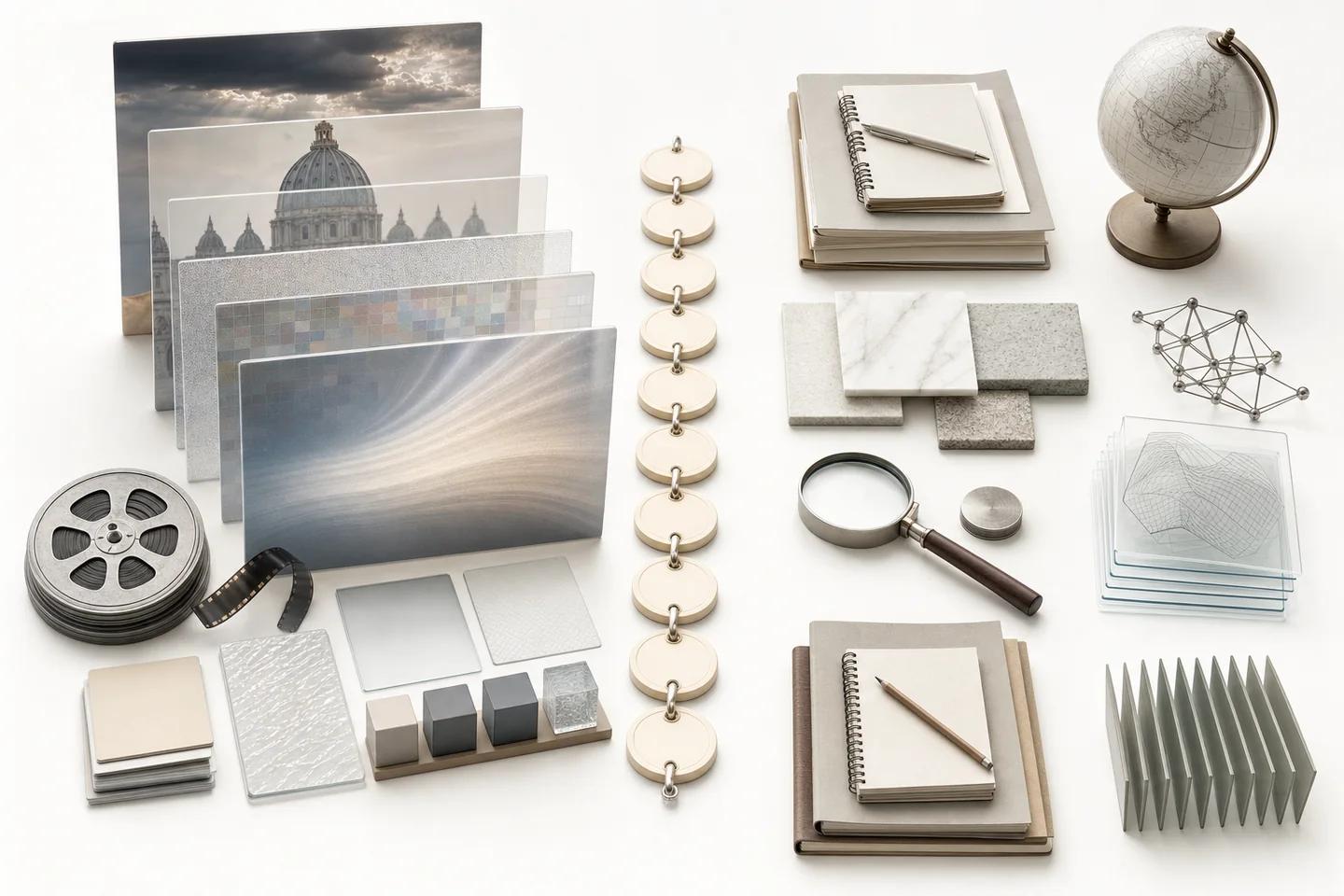 Standing photo panels showing a domed building fading into abstract streaks, beside a film reel, stone samples, notebooks, a globe and a magnifying glass.