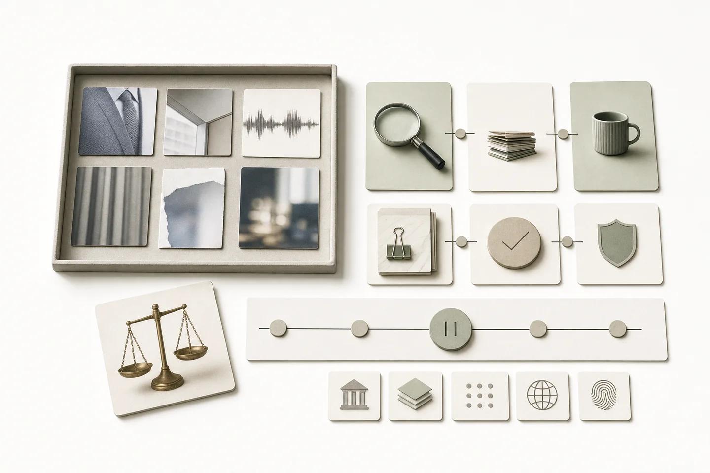 Verification objects arranged on a white surface, representing checks across email, voice and video channels.