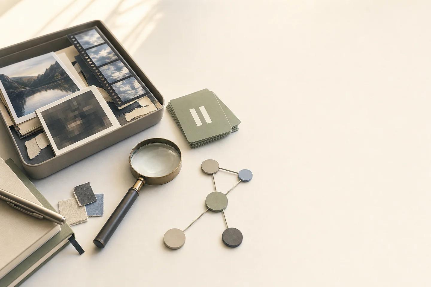 A tray of photos, a film strip and a pixelated print beside a magnifying glass, pause cards and a small node diagram.
