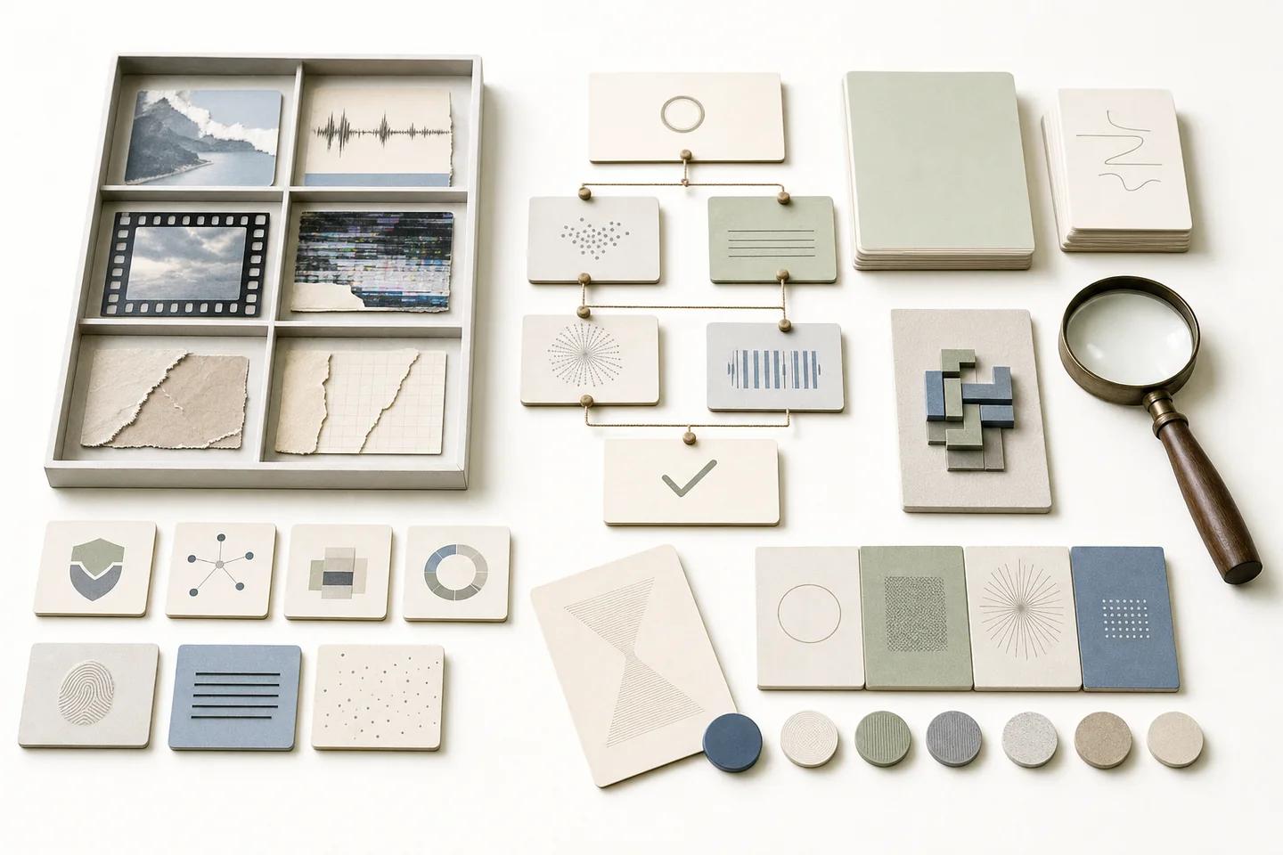 Still life of verification objects on a white surface, used to illustrate agentic AI deepfake fraud.