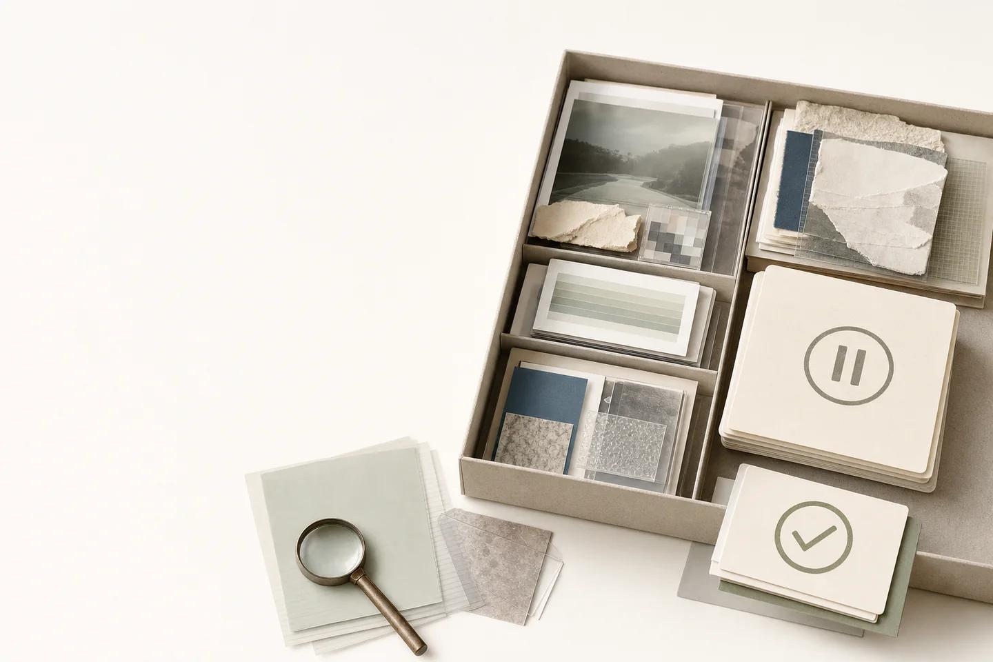 A shallow box of photo prints and a waveform card with small pause, magnifier and timer tiles.