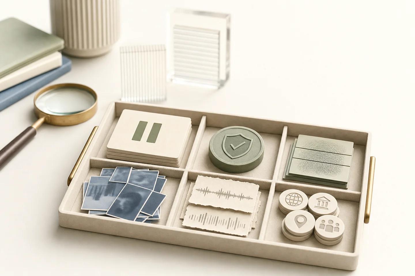 Verification objects arranged on a white surface, representing enterprise controls against executive impersonation.