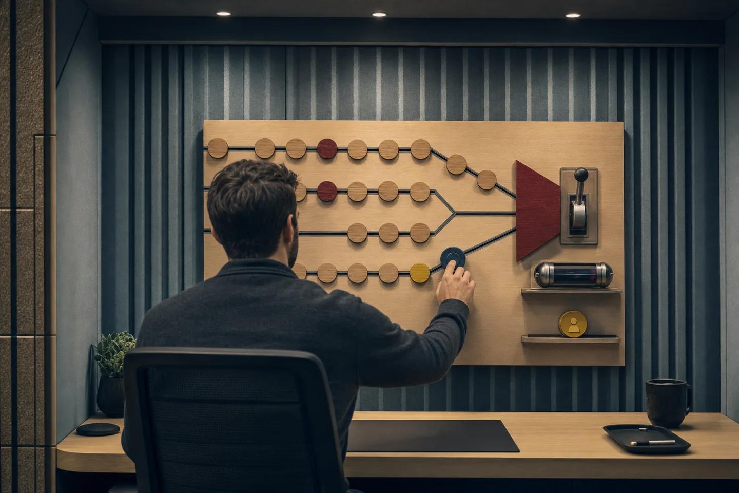 A fictional help-desk analyst uses a physical decision rail that links repeated recovery attempts and blocks a pressured override.