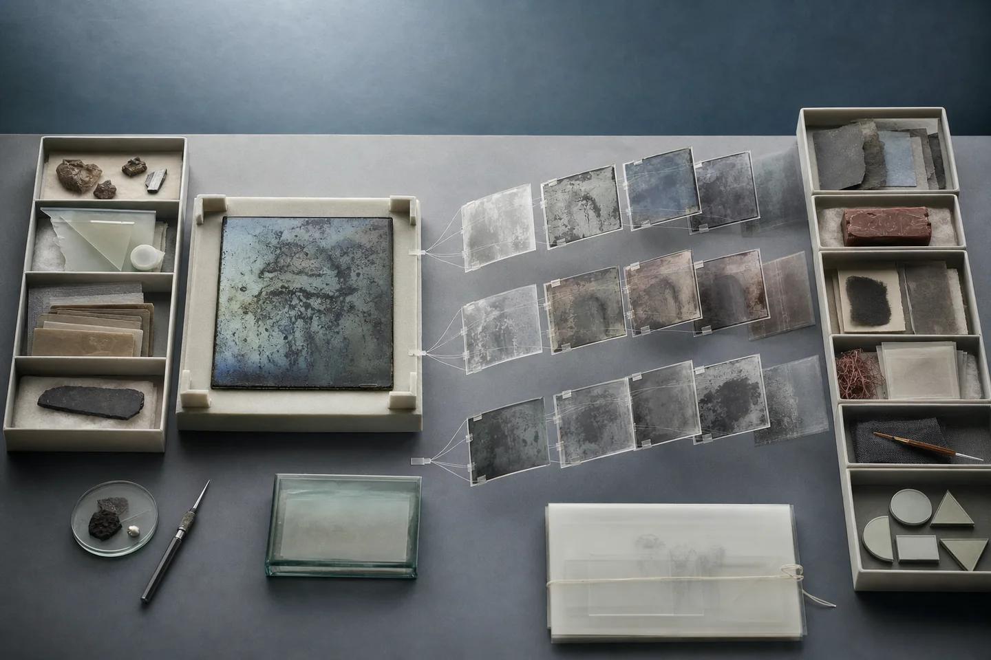 An original plate in a frame links by threads to rows of derivative layers, with sample trays and sealed folders kept separate on a grey table.