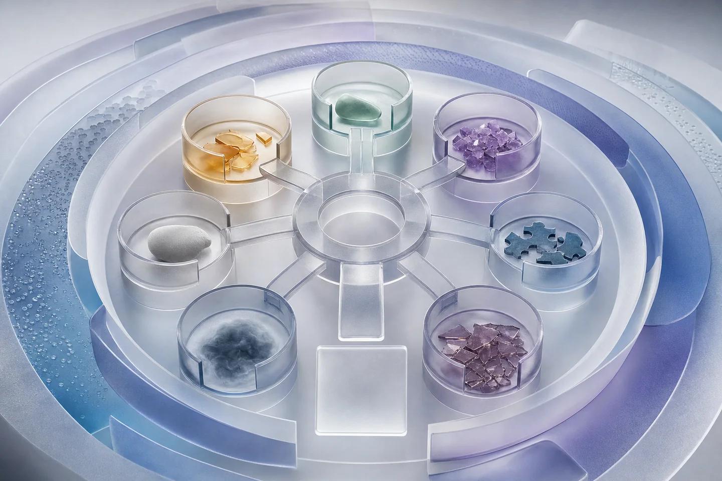 A frosted circular tray with a central hub feeding six glass dishes, each holding different fragments.