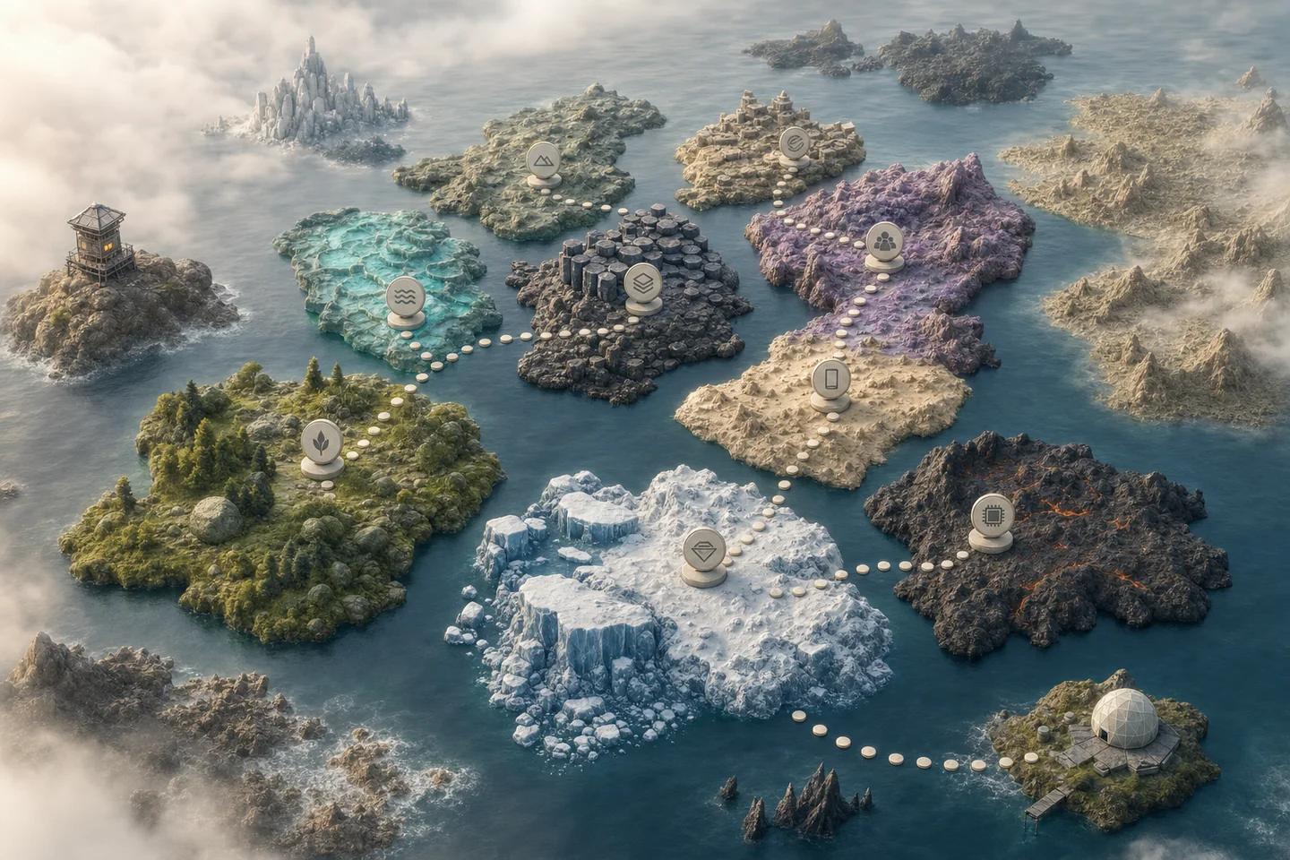 An aerial view of separate islands with different terrain, joined by a dotted route with markers.