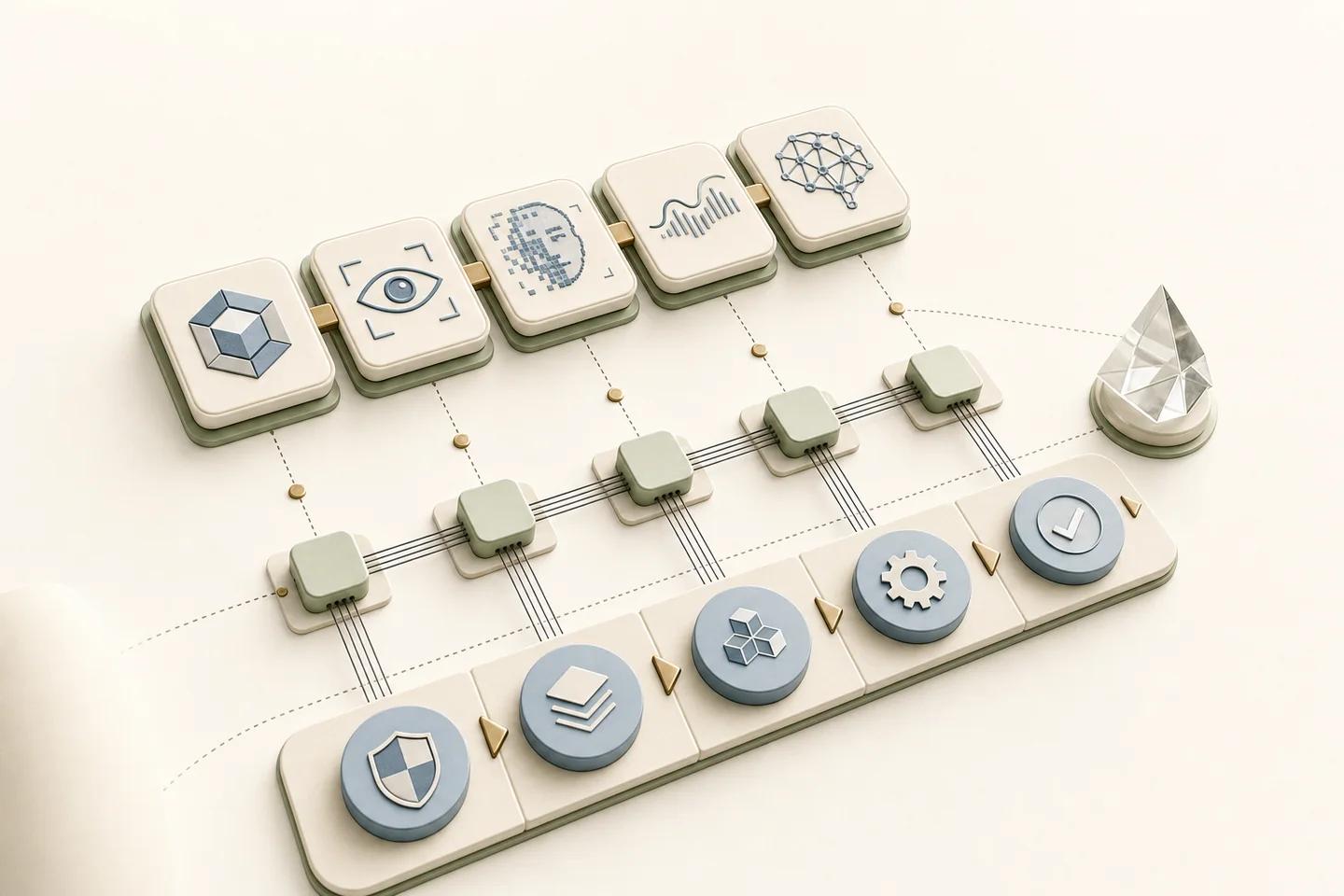 Light enterprise still life for top 5 deepfake detection apis: what-related verification objects on a white surface, no people.