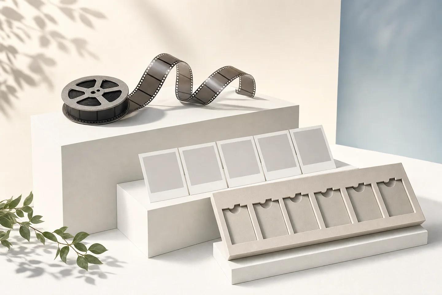 A film reel and loose film strip on a white plinth beside a row of blank instant prints and an empty slotted tray.