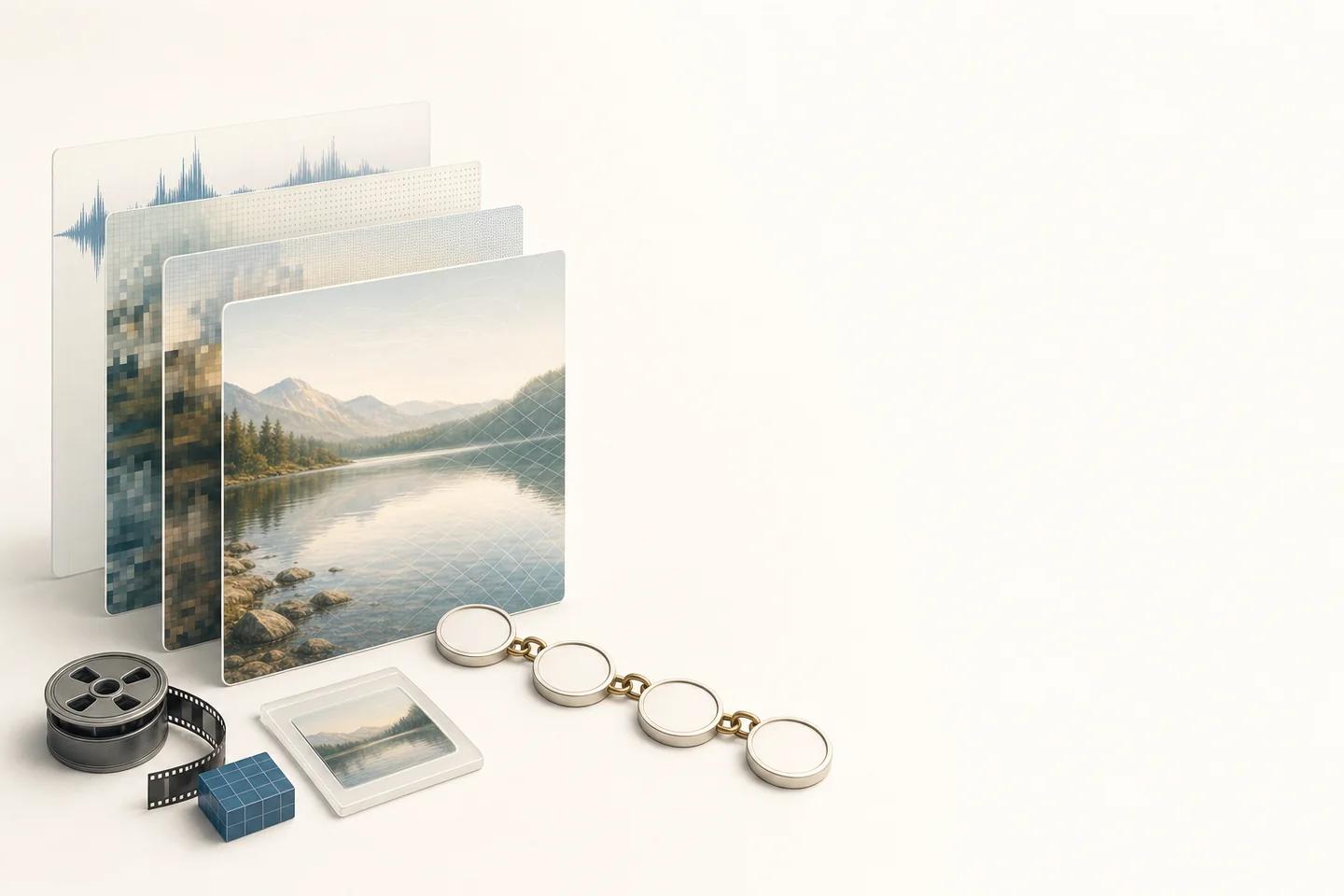 Layered panels from a pixelated image to a clear lake scene with an audio waveform behind, beside a film reel and a chain of discs.