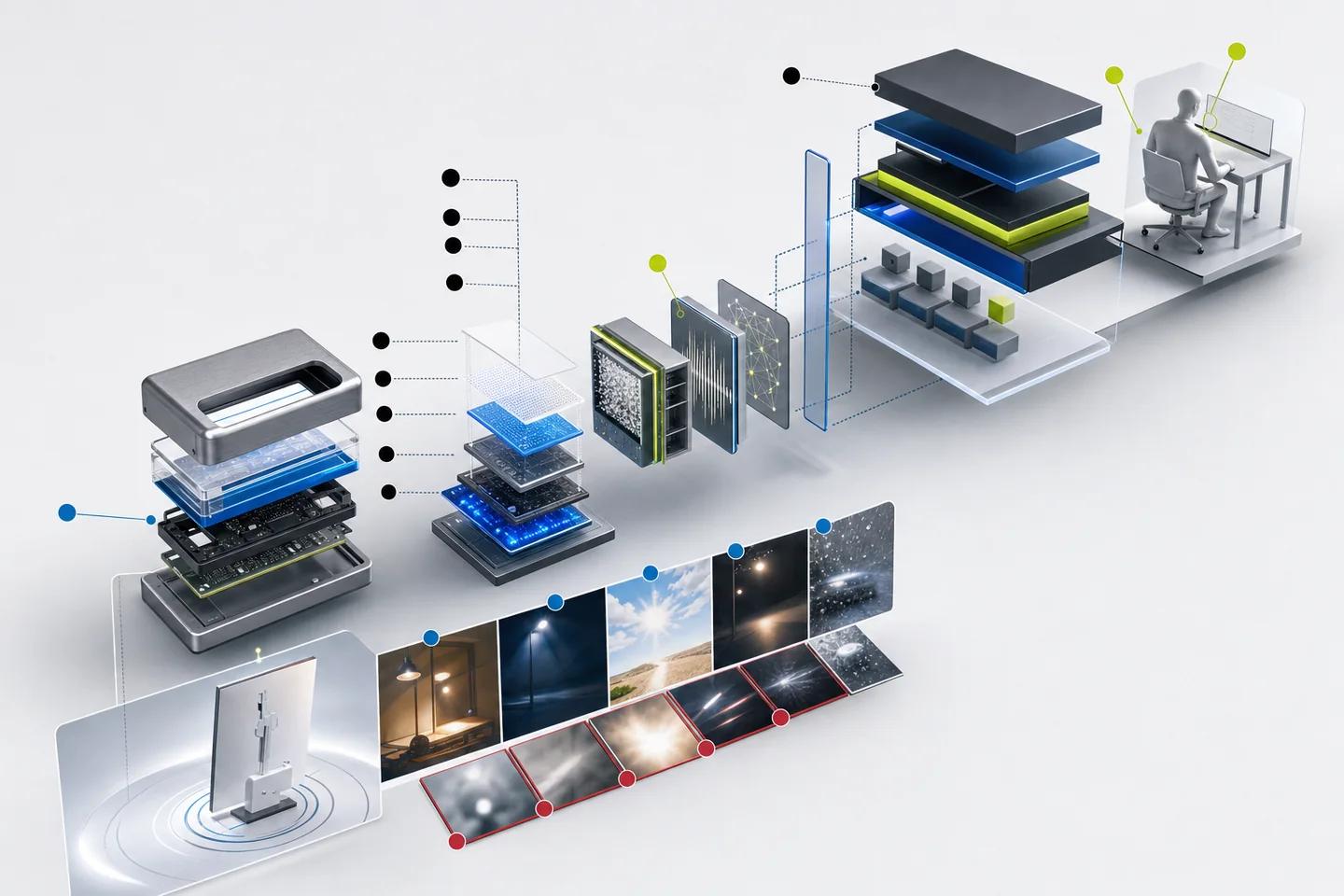 An exploded OEM system separates hardware, capture conditions, injection controls, bounded analysis, host policy, version evidence, and human exception.