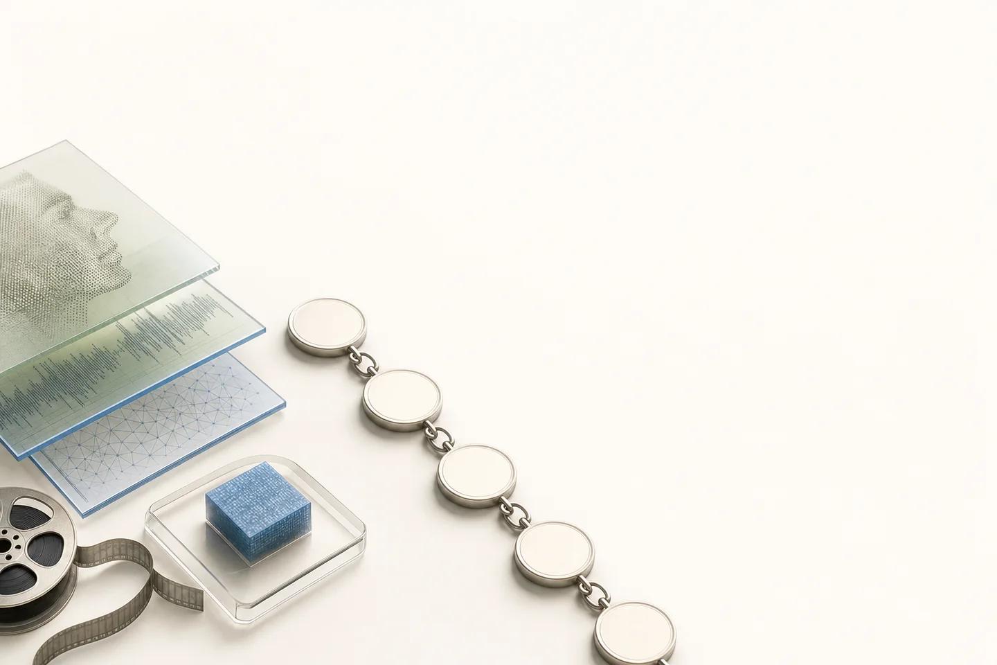 Light enterprise still life for deepfake detection for banking: how-related verification objects on a white surface, no people.
