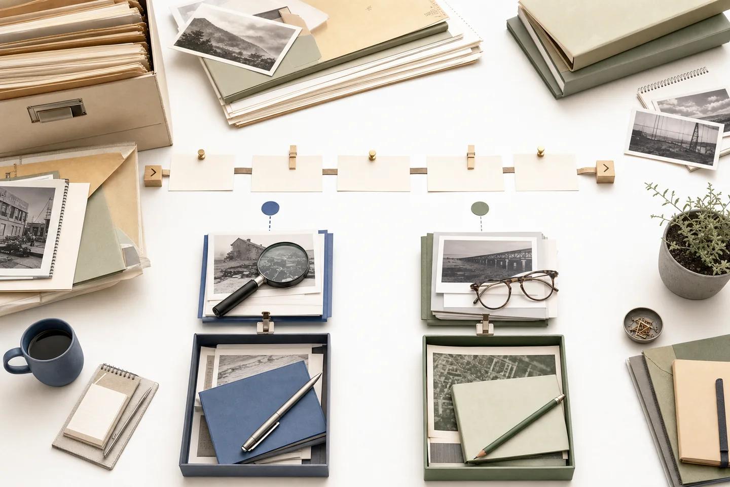 Overhead desk with archive boxes, black and white photographs under a magnifier and glasses, a row of clipped cards along a timeline, and two review trays.