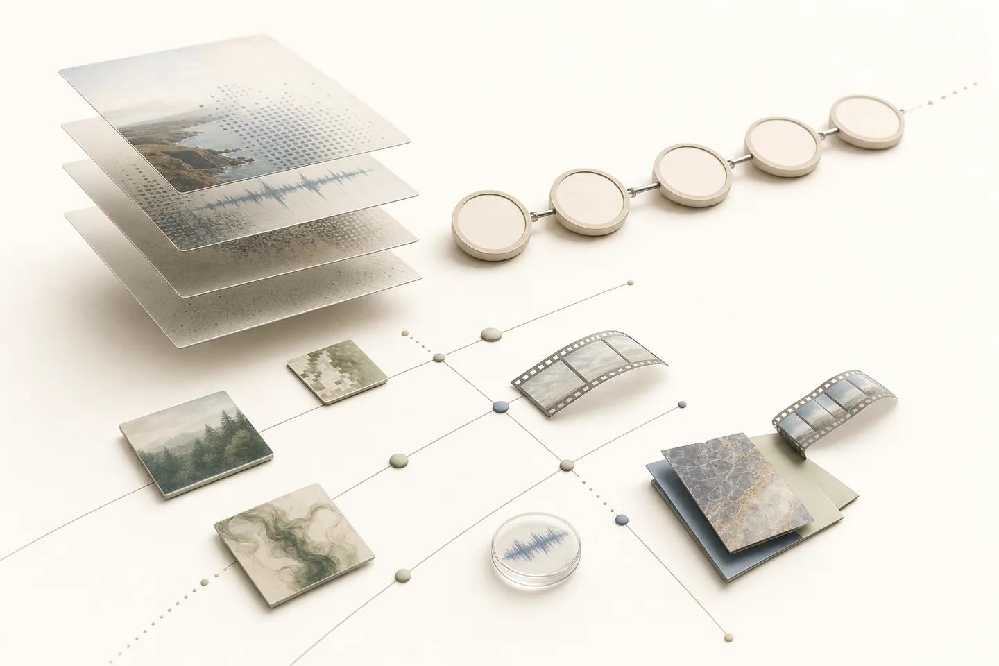 Stacked translucent layers of landscape and waveform images linked by a chain of tokens and connecting lines to photo tiles, film strips and an audio disc.