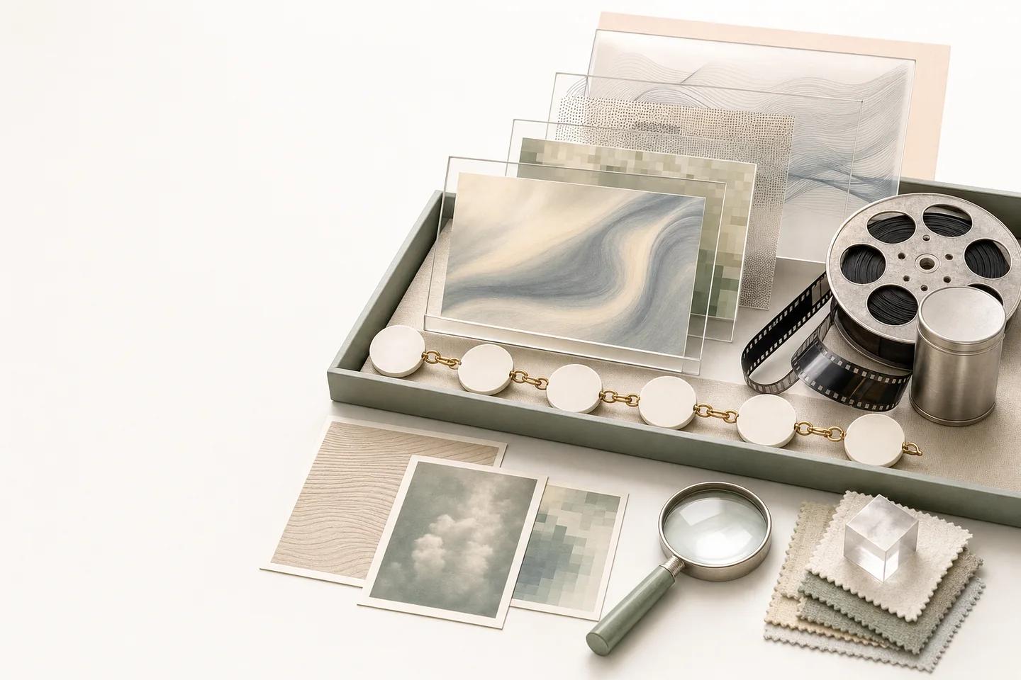 Tray of layered translucent images with a film reel and canister, a chain of discs, cloud and pixel prints, a magnifier and a glass cube.