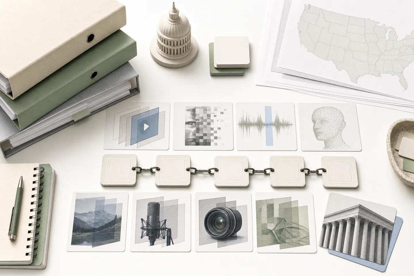 Light enterprise still life for united states deepfake laws enterprise guide: how-related verification objects on a white surface, no people.
